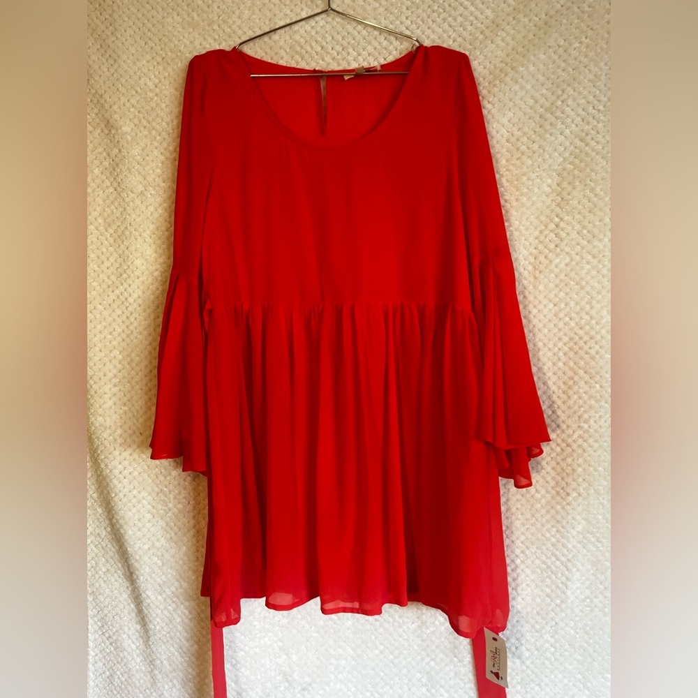 Umgee Dress Vibrant Coral Flowy Dress Bell Long Sleeves Flirty Sz Large NWT - Picture 2 of 8